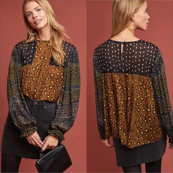 Anthropologie Tops - Anthropologie Blank London Eclectic Leopard Peasant Blouse Size XS Patchwork